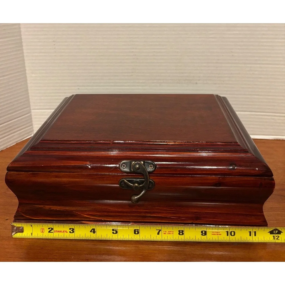 Vintage Wooden Keepsake Jewelry Box Cherry Finish Velvet Lined Brass Latch 11.5